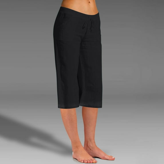 Wiyuqeen Women's Plus Sized Capri Yoga Pants Loose Soft Cotton Linen Cropped Sweatpants Causal Solid Drawstring Mid Waist Workout Lounge Pants with Pockets