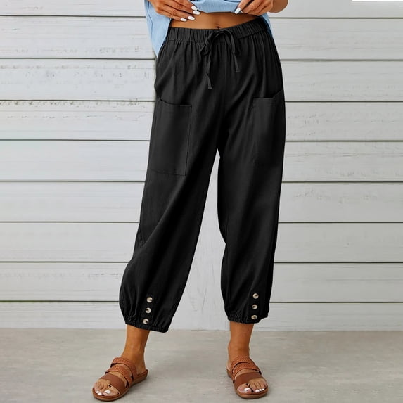 Wiyuqeen Women's Plus Sized Cotton Linen Pants Drawstring Elastic High Waist Capri Pants with Pockets Solid Color Wide Leg Button Up Cropped Pants