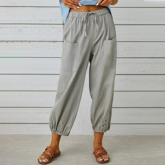 Wiyuqeen Women's Plus Sized Cotton Linen Pants Drawstring Elastic High Waist Capri Pants with Pockets Solid Color Wide Leg Button Up Cropped Pants