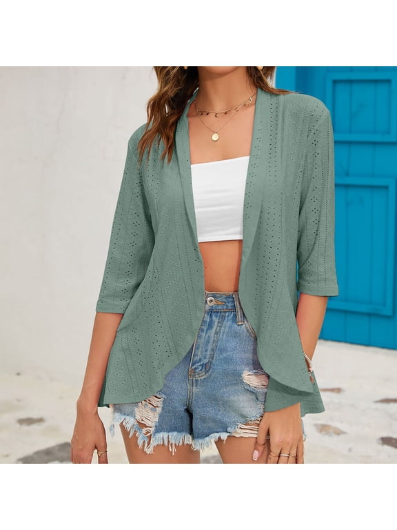 Women's Quarter Sleeve Cardigan Dressy Casual Eyelet Cardigan Lightweight Plain Ruffle Hem Cardigan Jackets Ladies Gifts