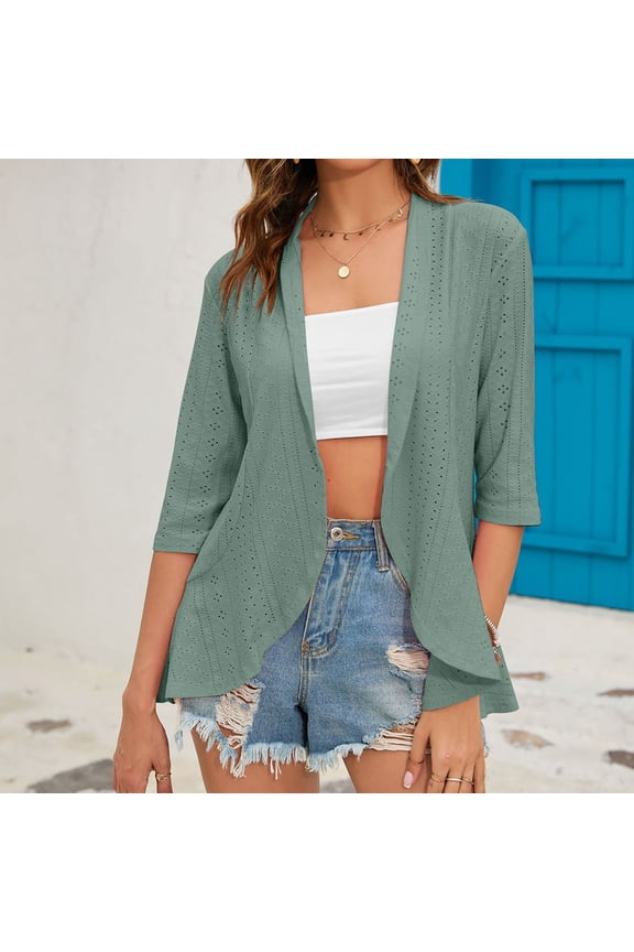 Women's Quarter Sleeve Cardigan Dressy Casual Eyelet Cardigan Lightweight Plain Ruffle Hem Cardigan Jackets Ladies Gifts