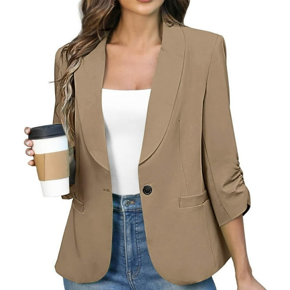 Wiyuqeen Women's Ruched 3/4 Sleeve Blazers Solid Lightweight Slim Fit Jackets with Padded Shoulder for Business Casual with Pocket