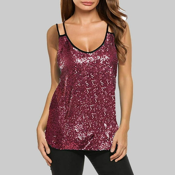 Wiyuqeen Women's Sequin Tank Tops Spaghetti Strap Camisoles Scoop Neck Backless Party Shirts Sparkly Night Club Tanks Glitter Holiday Camis