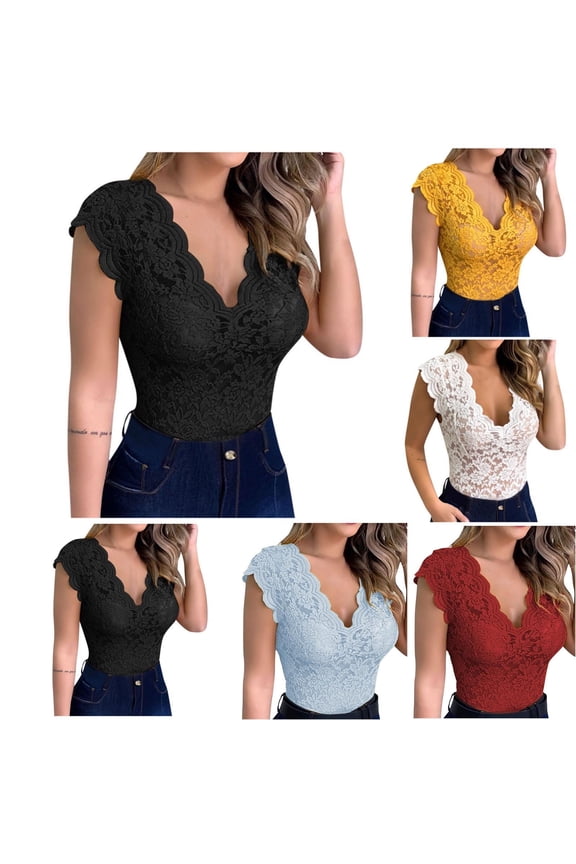 Women's Slim Blouses Lace Low Cut V Neck Sleeveless Shirts Night Party Club Camisoles Basic Solid Color Corset Tank Tops