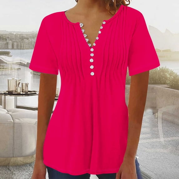 Wiyuqeen Women's Short Sleeve V Neck Pleated T-Shirts Basic Solid Color Summer Tunics Loose Fit Casual Plus Size Button-down Blouses