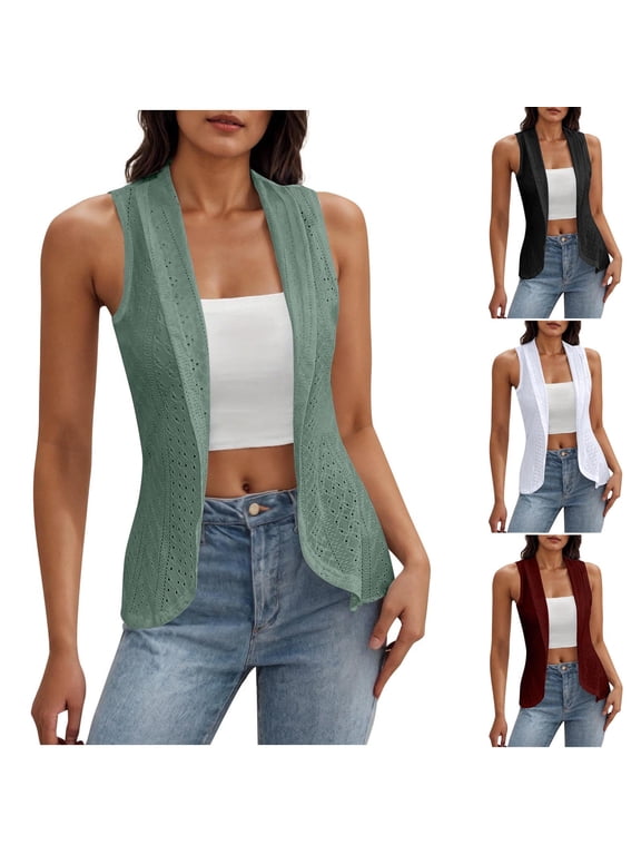Women's Sleeveless Open Front Cardigan Vests Eyelet Embroidery Lapel Collar Cardigans Solid Lightweight Summer Jacket Vests