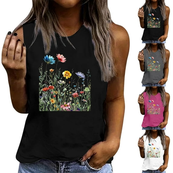 Wiyuqeen Women's Sleeveless Tops Crew Neck Lounge Tanks Boho Floral Shirts Casual Loose Beach Tee Shirts Funny Vacation Tanks