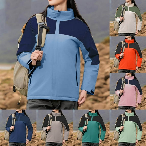 Wiyuqeen Women's Softshell Jacket with Detachable Hood Fleece Lined Warm Lightweight Waterproof Insulated Windbreaker Color Block Rain Jackets