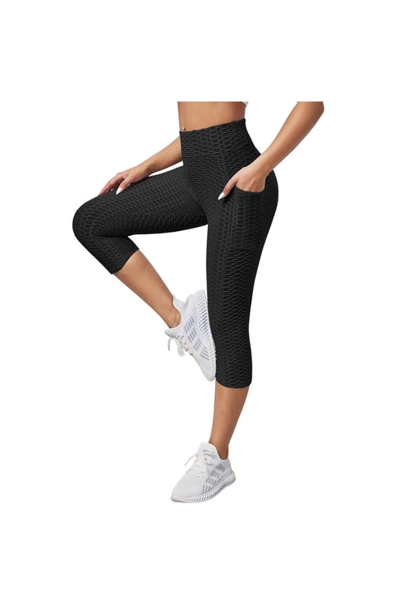 Women's Solid Capri Leggings with Pockets Slimming High Waisted Booty Pants Tummy Control Butt Lift Workout Bottoms Soft Active Cellulite Cropped Leggings