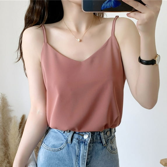 Wiyuqeen Women's Solid Chiffon Vests Comfy Summer V Neck Spaghetti Strap Tank Tops Dressy Casual Loose Sleeveless Blouses Basic Camisoles T-shirts