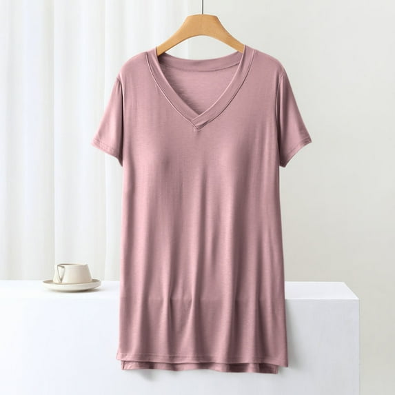 Wiyuqeen Women's Solid Color T-shirt with Built-in Bra Padded Basic Short Sleeve V Neck Active Tees Shirts Loose Fit Shelf Bra Comfy Side Split Shirts
