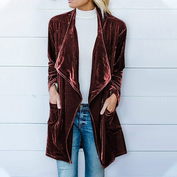 Wiyuqeen Women's Solid Long Sleeve Velvet Jacket Open Front Cardigan Coat with Pockets Outerwear Mid-Length Sequin Windbreaker