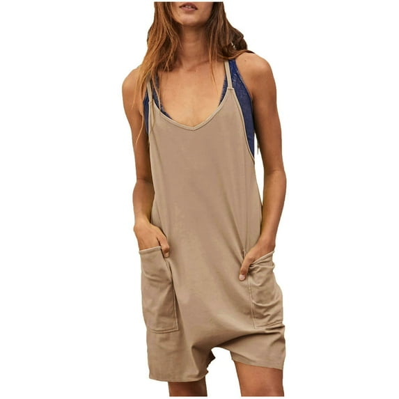 Wiyuqeen Women's Spaghett Strap Short Jumpsuits Summer Casual Solid Sleeveless Rompers Comfy Cute Loose Fit V Neck Shorts Overalls with Pockets