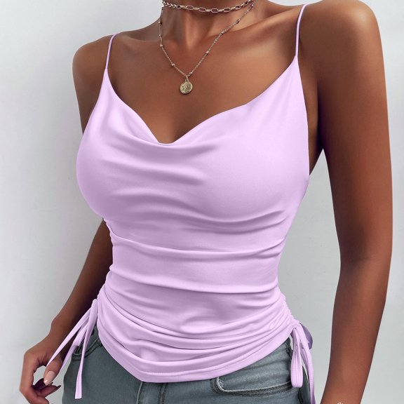 Wiyuqeen Women's Spaghetti Strap Sleeveless Camisoles Solid Side Drawstring Ruched Tank Tops Basic Cowl Neck Cami Tops Y2K Going Out Cropped Tops
