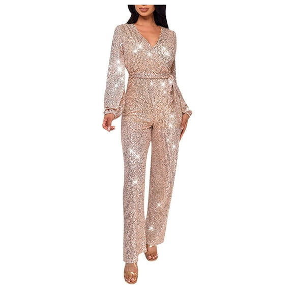 Wiyuqeen Women's Sparkly Jumpsuits Sequin Slim Fit Overalls Clubwear One Piece Deep V Neck Long Sleeve Pants Rompers with Belt