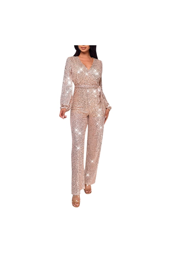 Women's Sparkly Jumpsuits Sequin Slim Fit Overalls Clubwear One Piece Deep V Neck Long Sleeve Pants Rompers with Belt