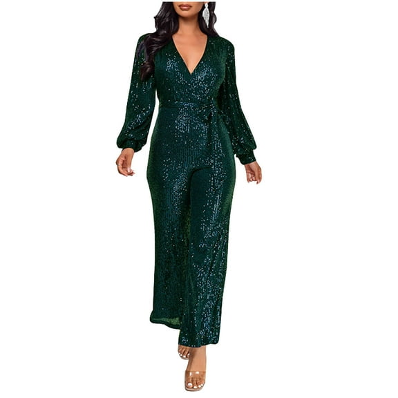 Wiyuqeen Women's Sparkly Jumpsuits Sequin Slim Fit Overalls Clubwear One Piece Deep V Neck Long Sleeve Pants Rompers with Belt
