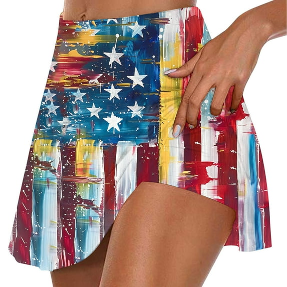 Wiyuqeen Women's Stars Stripes Workout Skorts High Waist Mini Skorts Lightweight Golf Skirts with Shorts Patriotic Tennis Skorts