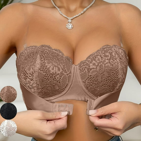 Wiyuqeen Women's Strapless Bra Non-Slip Bandeau with Front Closure Seamless Tube Tops Lace Underwire Everyday Bras