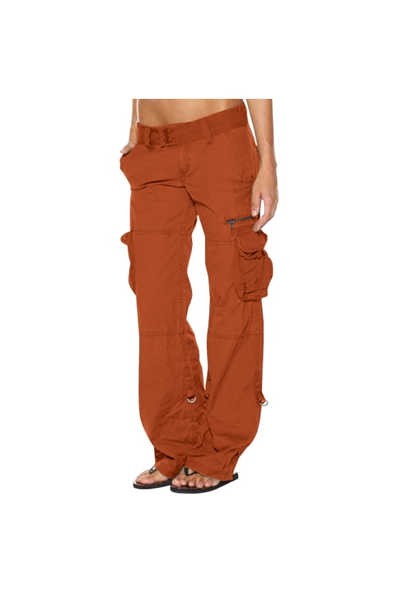 Women's Stretchy Cargo Pants Dressy Casual Button Down Low Waisted Tactical Pants Casual Joggers Plus Size Trousers Solid Plain Cargo Pants with 6 Pockets