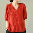 thumbnail image 1 of Wiyuqeen Women's Summer Embroidered Print Tops V Neck Short Sleeve Tunic Fashion Shirts Cotton Linen Loose Fit Trendy Going Out Blouses, 1 of 8