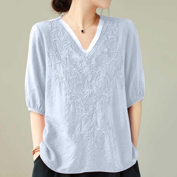 Wiyuqeen Women's Summer Embroidered Print Tops V Neck Short Sleeve Tunic Fashion Shirts Cotton Linen Loose Fit Trendy Going Out Blouses