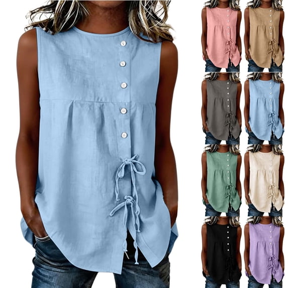 Wiyuqeen Women's Summer Sleeveless Peplum Tank Tops Bow Tie Front Crewneck Loose Flowy Ruffle Babydoll Going Out Linen Shirts