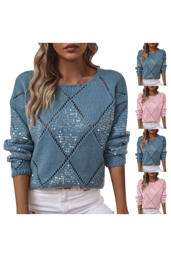 Women's Sweaters Crew Neck Hollow Out Sequined Pullover Long Sleeve Drop Shoulder Knit Sweaters Solid Fall Sweaters