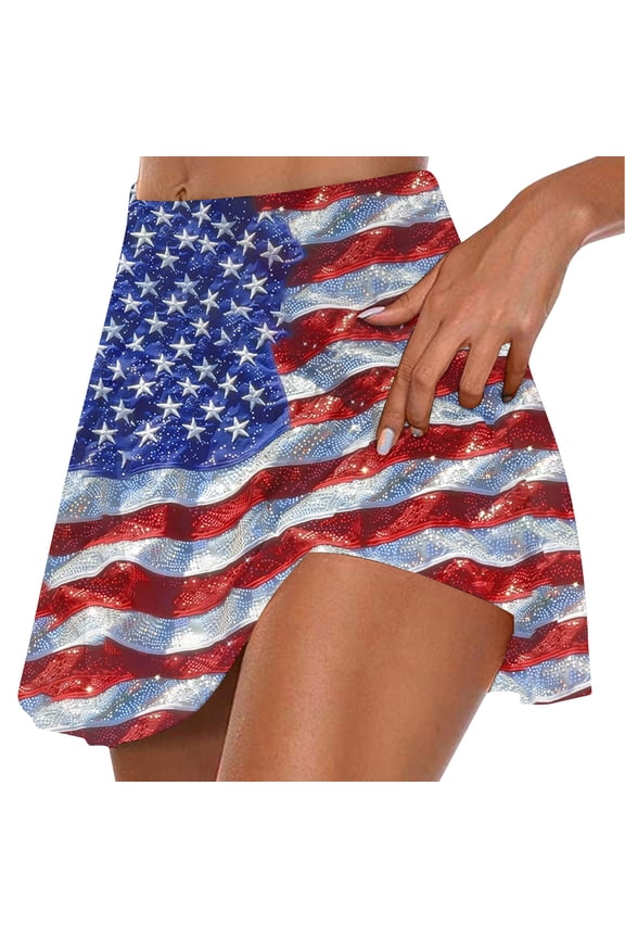 Women's Tennis Skirt High Waisted Pleated Golf Skorts USA Flag Running Skirts Red White Blue Golf Skorts Patriotic Mini Skirts