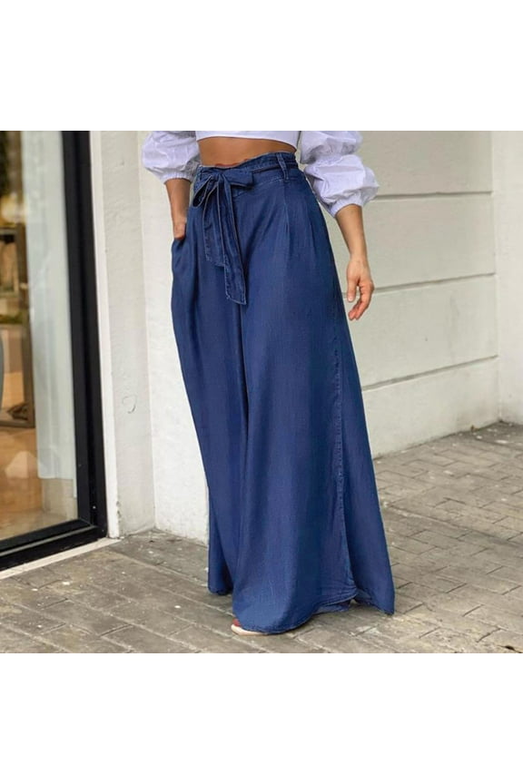 Women's Tie Front High Waist Denim Pants Pleated Flowy Wide Leg Jean Pants Female Palazzo Denim Trousers with Pockets