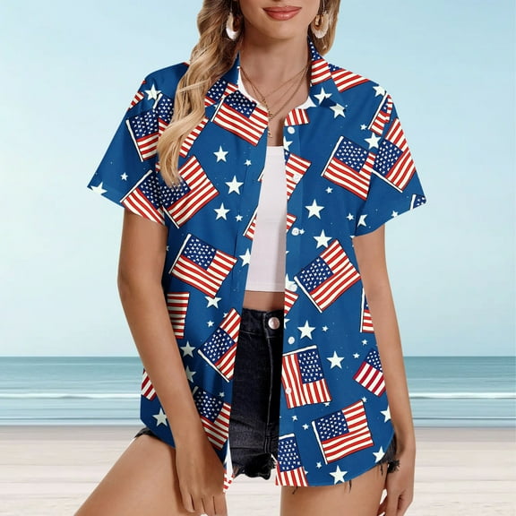 Wiyuqeen Women's USA Flag Button Down Shirts Short Sleeve American Flag Shirts Casual 4th of July Party Tees Plus Size Hawaiian Shirts