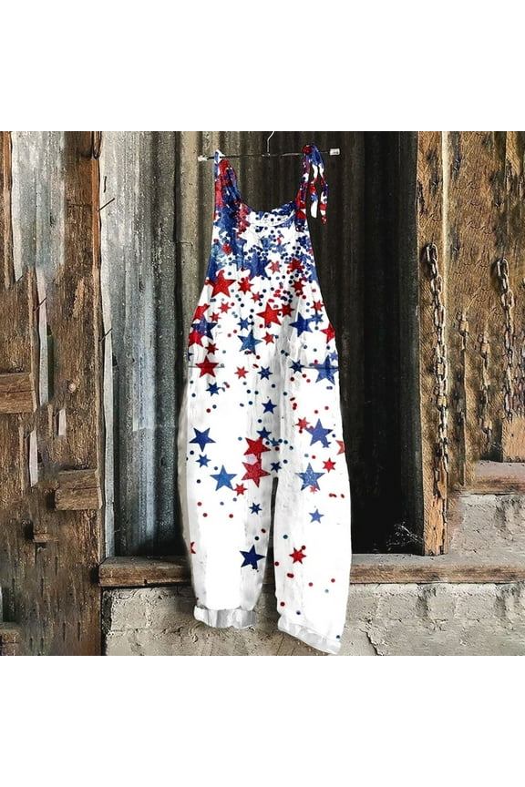 Women's USA Flag Overalls with Pockets Linen Sleeveless Spaghetti Strap Harem Jumpsuits Plus Size American Flag Rompers Jumpers