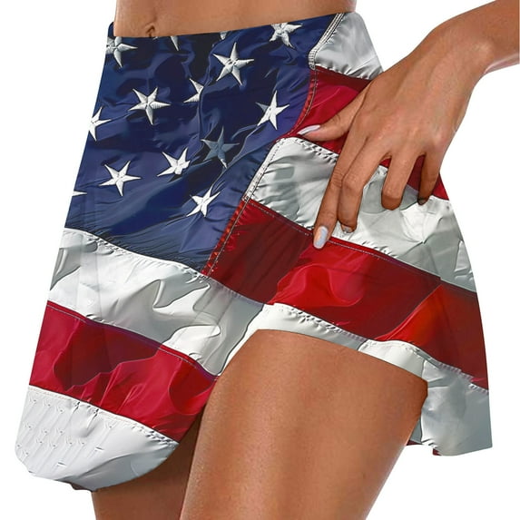 Wiyuqeen Women's USA Flag Running Skirt with Shorts High Waist Stars Striped Print Mini Skorts Flowy Swing Athletic Skirts Skorts