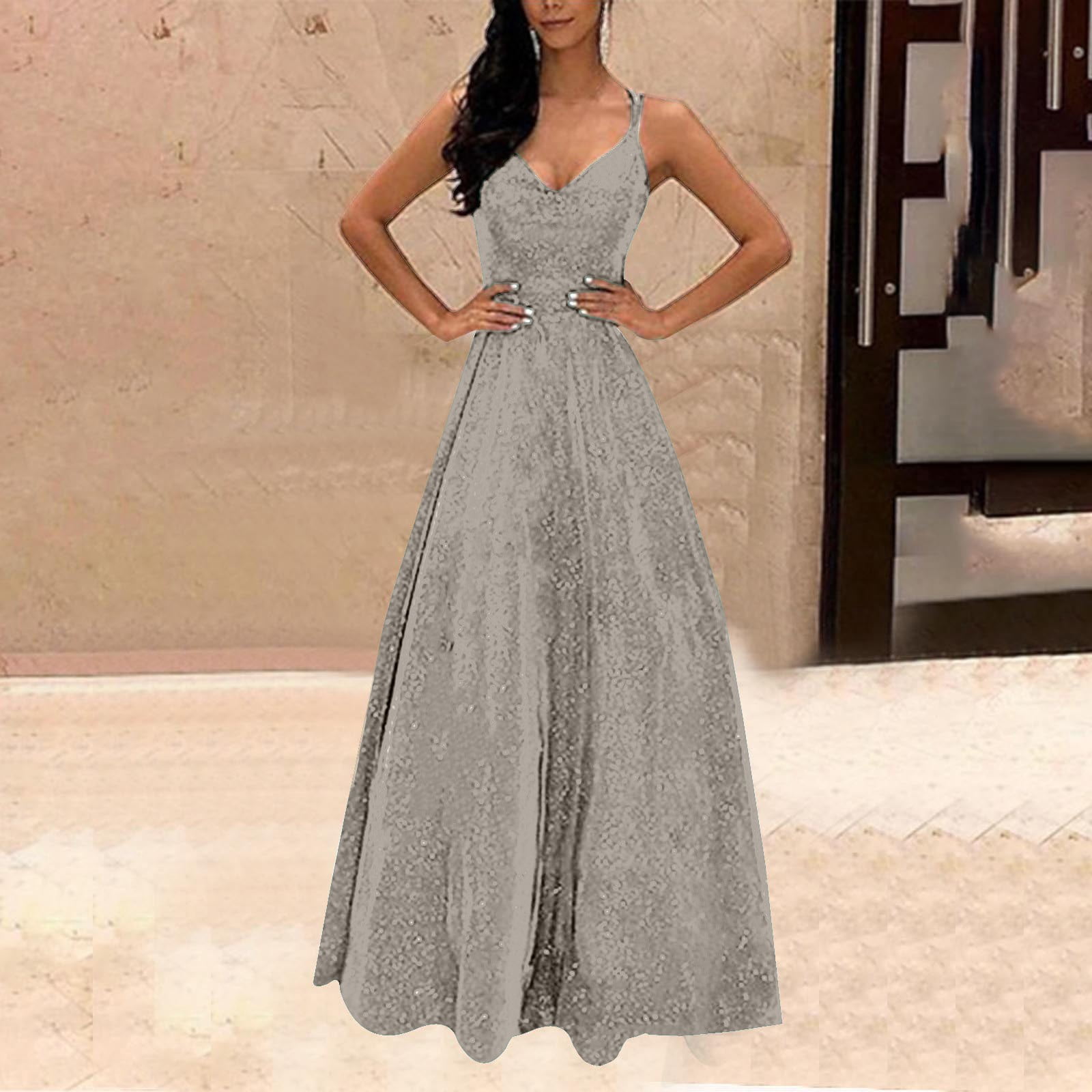plain silver dress Girls Silver Formal Dresses Simple Spaghetti Straps Elegant V-Neck Floor Length Stretch Satin Formal Dress With Slit