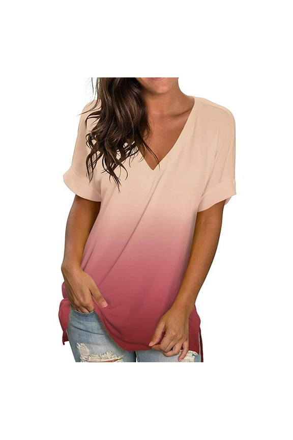 Women's V Neck T-shirts Short Sleeve Side Split Tunic Tops Casual Summer Loose Gradient Color Tie Dye Print Tees Blouses