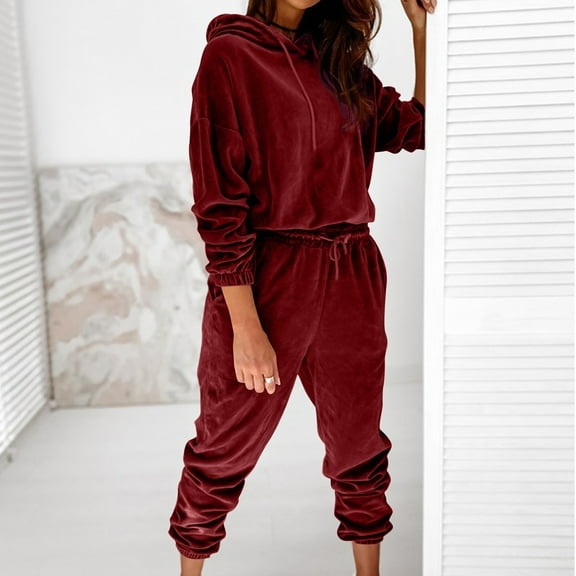Wiyuqeen Women's Velour Tracksuits Hooded Pullover and Drawstring Sweatpants Sets Plain Long Sleeve 2 Piece Joggers Outfits Pockets