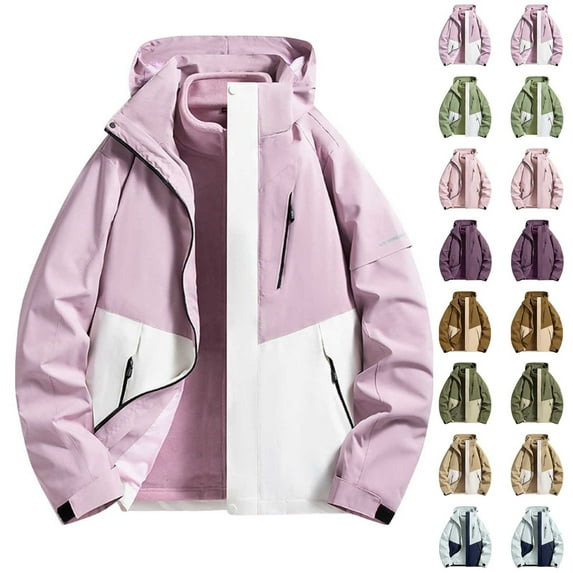 Wiyuqeen Women's Waterproof Hiking Jacket Detachable 2-in-1 Color Block Raincoat with Hood Windproof Fleece Liner for Outdoor Trekking Camping
