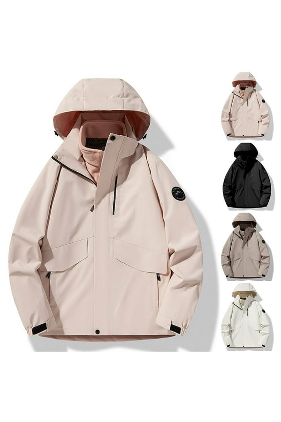 Women's Waterproof Hiking Jacket Detachable Fleece Liner Raincoat with Hood Solid Windproof Coats for Outdoor Active Plus Size