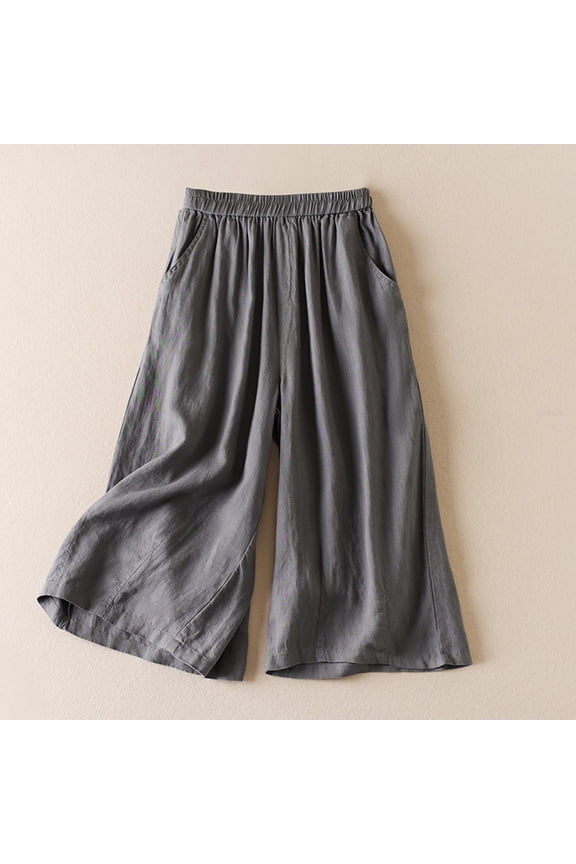 Women' s Wide Leg Culottes Flowy Solid Cotton Linen Blend Capri Pants Elastic Hhigh Waist Casual Palazzo Cropped Trousers with Pockets Capris