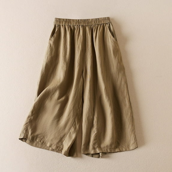 Wiyuqeen Women' s Wide Leg Culottes Flowy Solid Cotton Linen Blend Capri Pants Elastic Hhigh Waist Casual Palazzo Cropped Trousers with Pockets Capris