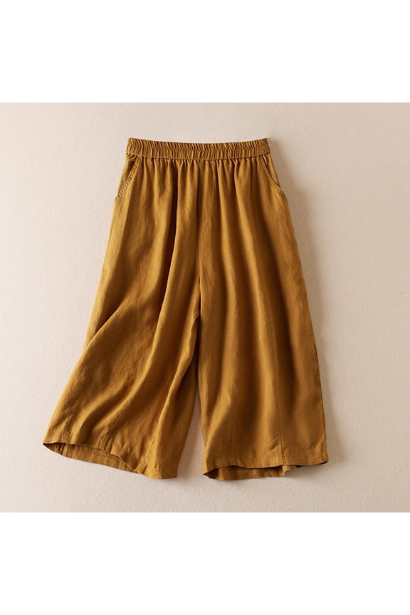 Women' s Wide Leg Culottes Flowy Solid Cotton Linen Blend Capri Pants Elastic Hhigh Waist Casual Palazzo Cropped Trousers with Pockets Capris