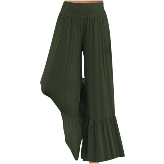 Wiyuqeen Women's Wide Leg Tiered Pants Patchwork Ruffle Hem Plus Sized Casual Flowy Pants Comfy Paper Bag Waist Trousers Pleated Cotton Linen Exercise Trousers