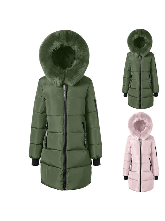Women's Winter Puffer Coat Thicken Fleece Lined Down Jacket Solid Faux Fur Detachable Hooded Parka with Pocket