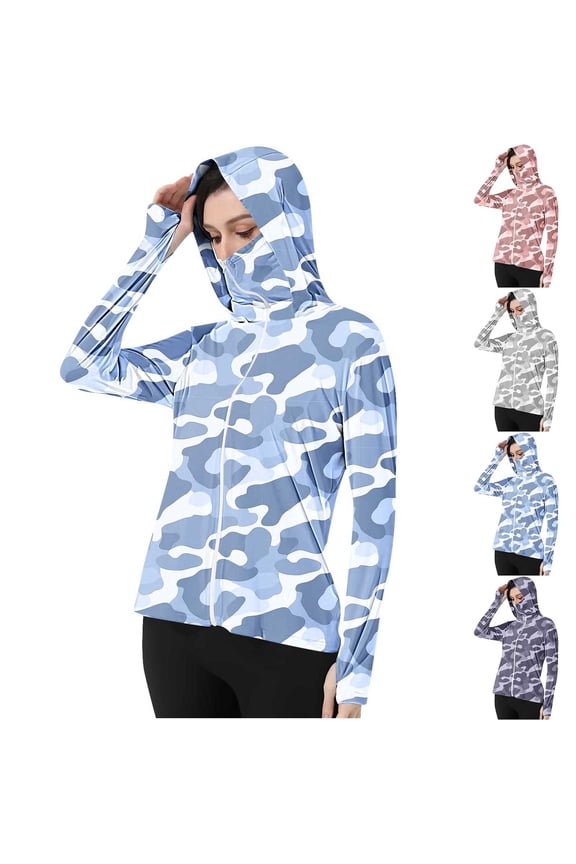 Women's Zip Up Hooded Sun Shirt Long Sleeve UPF 50+ Protection Jacket Casual Camo Print Hiking Sun Shirt with Thumb Holes