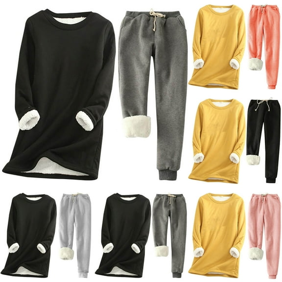 Wiyuqeen Womens 2PCS Loungwear Set Thicken Winter Warm Sherpa Fleece Lined Sweatshirt   Drawstring Pants Soft Pjs Sleepwear with Pocket