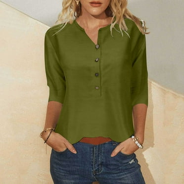 Wiyuqeen Womens 3/4 Sleeve Blouses Casual Loose Fit Solid Color Button Down V Neck Tops Stretchy Ladies Three Quarter Length Sleeve T-Shirts