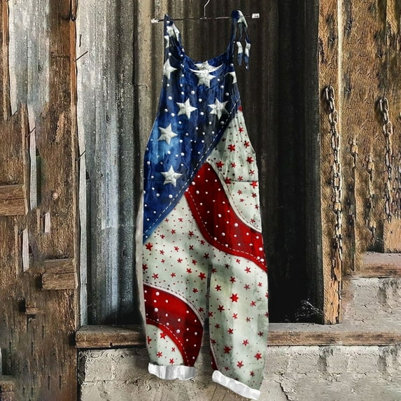Wiyuqeen Womens 4th of July Overalls Patriotic American Flag Rompers Linen Spaghetti Strap Harem Jumpers Plus Size American Flag Overalls