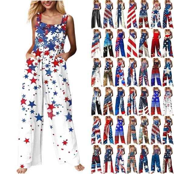 Wiyuqeen Womens 4th of July Patriotic Jumpsuits with Pocket Sleeveless Linen Bib Overalls Casaul Red White and Blue Romper Wide Leg Pants