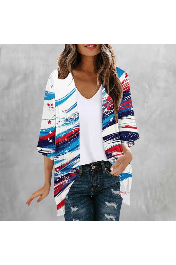 Womens American Flag Kimono Cardigans Short Sleeve 4th of July Chiffon Cardigans Open Front Lightweight USA Falg Cover Up