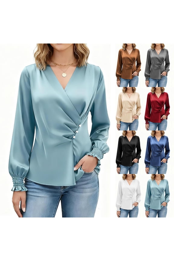 Womens Blouses Dressy Casual Satin Tunic Tops Wrap V Neck Button Work Office Shirts Long Sleeve Solid Elegant Tops Blusas